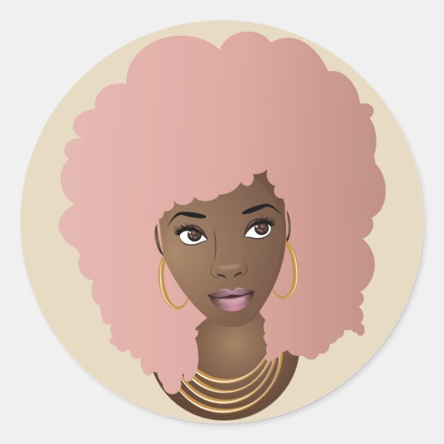 Sticker Rond Femme noire, Cheveux roses, Lèvres roses (Devant)