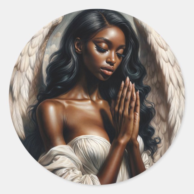 Sticker Rond Femme noire de l'ange priant peinture (Devant)