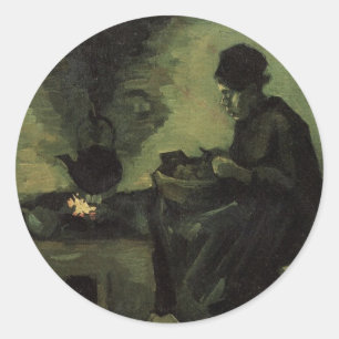 Sticker Rond Femme paysanne par foyer par Vincent van Gogh