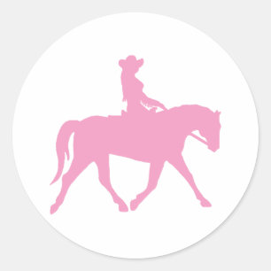 Sticker Rond Femme qui monte son cheval (rose)