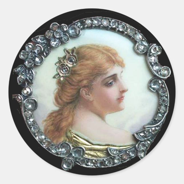 STICKER ROND FEMME ROMANTIQUE AUX FLEURS DE DIAMONDES ENAMMÈNE  (Devant)