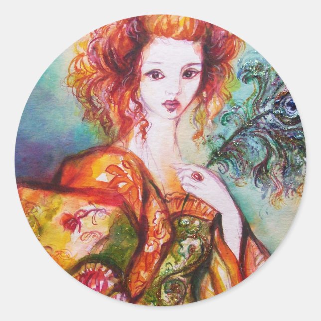 STICKER ROND FEMME ROMANTIQUE AVEC PÂTE DE PEACOCK ÉCLANTE (Devant)
