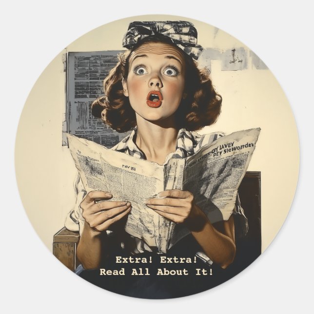 Sticker Rond Femme surprise à lire le journal (Devant)