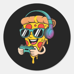 Sticker Rond Femmes Drôle Gamer Pizza Nourriture Jeu Vidéo Homm