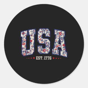 Sticker Rond Femmes Floral Usa Est 1776 Girly 4 juillet Americ