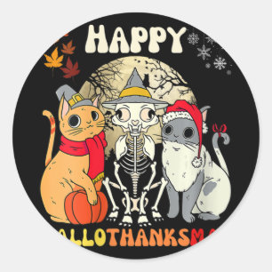 Sticker Rond Femmes heureux Hallothanksmas Chats Halloween Than