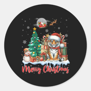 Sticker Rond FEMMES Joyeux Noël mignon Tiger Santa Hat Tiger