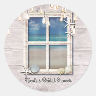 Sticker Rond Fenêtre de plage tropicale bois blanc élégant côti