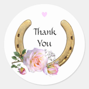 Sticker Rond Fer à cheval avec fleurs et cœur Merci