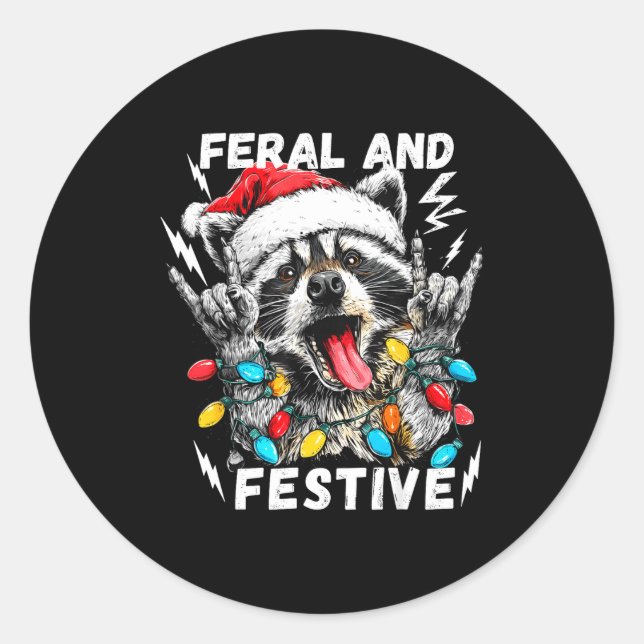 Sticker Rond Feral And Festive Funny Christmas Rocker Raccoon S (Devant)