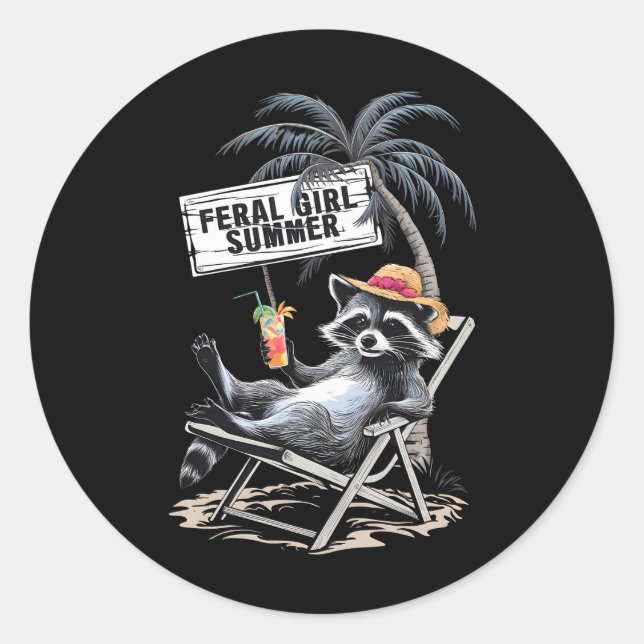 Sticker Rond Feral Girl Summer Beach Funny Raccoon (Devant)