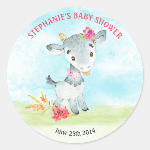 Sticker Rond Ferme de Baby shower de chèvres Watercolor Girl