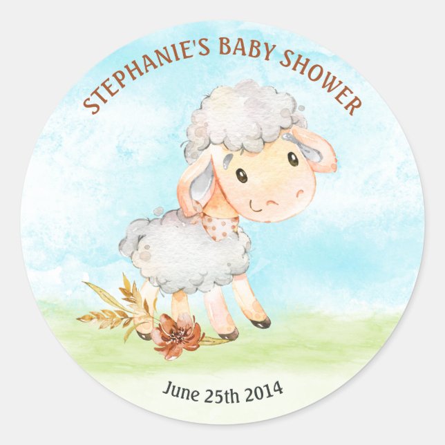 Sticker Rond Ferme de Baby shower de moutons d'aquarelle (Devant)