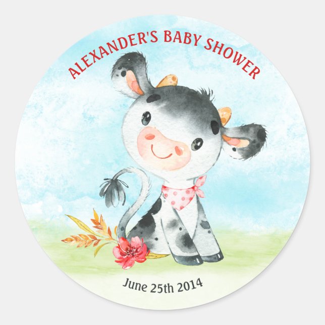 Sticker Rond Ferme de Baby shower de vache aquarelle (Devant)