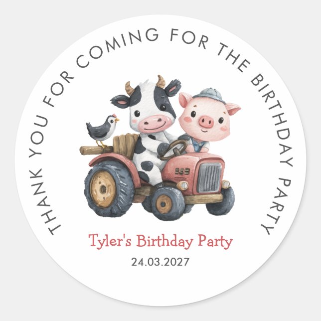 Sticker Rond Ferme Jolie fête d'anniversaire Vache porc Merci (Devant)