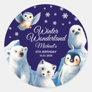 Sticker Rond Festif Animaux de l'Arctique Bleu Hiver Anniversai