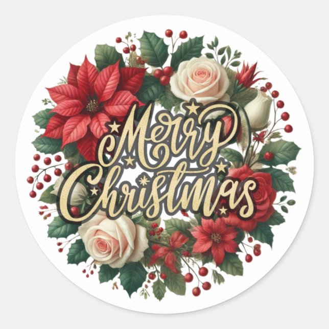 Sticker Rond Festif Aquarelle Noël Roses de couronne (Devant)