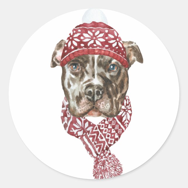Sticker Rond Festif Aquarelle Pitbull Noël (Devant)