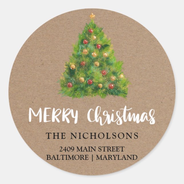 Sticker Rond Festif Arbre de Noël Rustique papier Kraft (Devant)