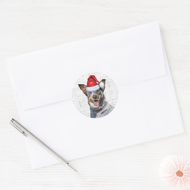 Sticker Rond Festif Blue Heeler Chien Woof Word Art Noël (Enveloppe)