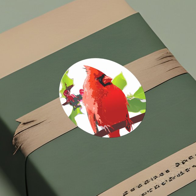 Sticker Rond Festif Cardinal Bird Winter Holly Holiday Cheer (Holiday cardinal sticker, red Christmas bird in pop art style)
