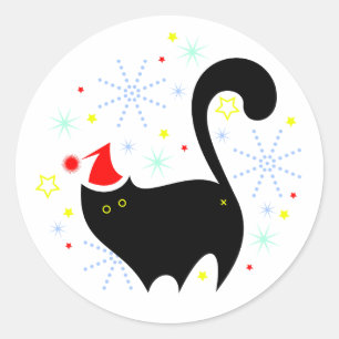 Sticker Rond Festif Chat Noir Santa Hat Noël