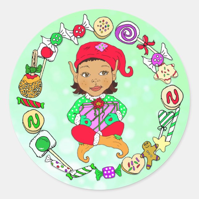 Sticker Rond Festif de Noël fantaisiste dessiné à la main Elf & (Devant)
