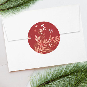 Sticker Rond Festif Feuilleté Floral Noël traditionnel Rouge