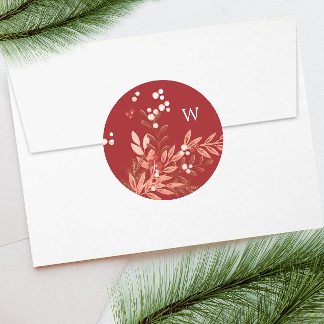 Sticker Rond Festif Feuilleté Floral Noël traditionnel Rouge (Créateur téléchargé)