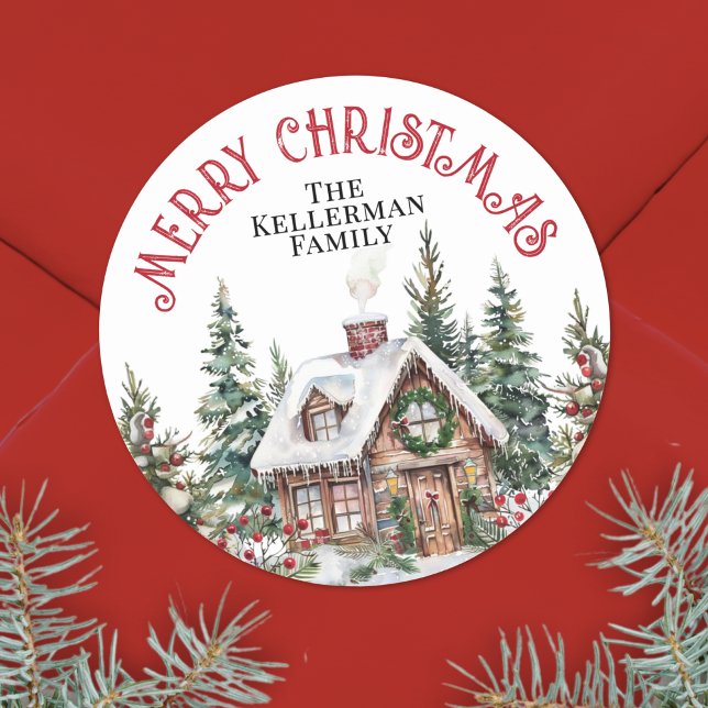 Sticker Rond Festif hiver aquarelle Noël (Festive Winter Watercolor Christmas Classic Round Sticker)
