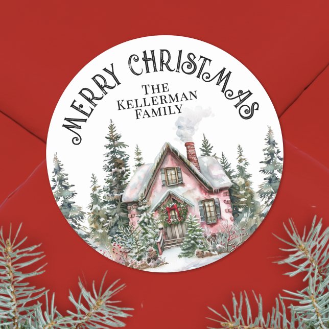 Sticker Rond Festif hiver Joyeux Noël (Festive Winter Merry Christmas Classic Round Sticker)