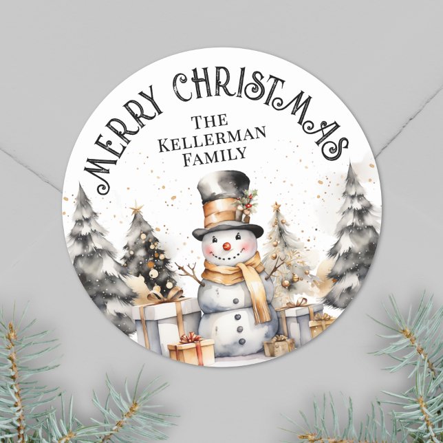 Sticker Rond Festif noir blanc hiver Joyeux Noël (Black White Festive Winter Merry Christmas Classic Round Sticker )