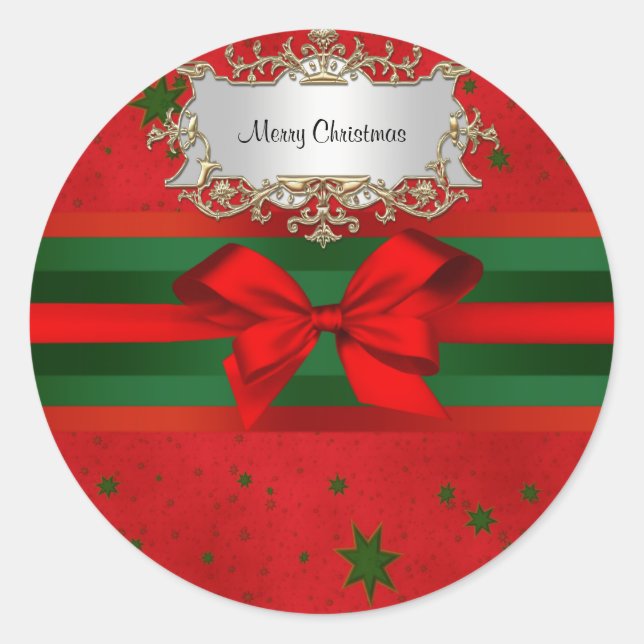 Sticker Rond Festif Red Green Stars Bow Ribbon Noël (Devant)
