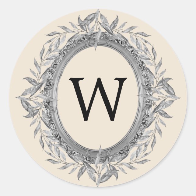 Sticker Rond Festif vacances Silver Grey Feuilles Wreath Monogr (Devant)