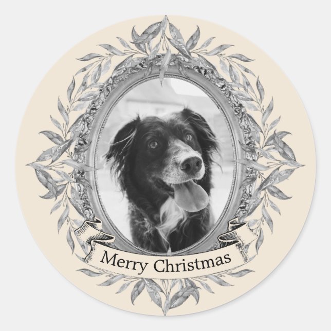 Sticker Rond Festif vacances Silver Grey Feuilles Wreath Photo (Devant)