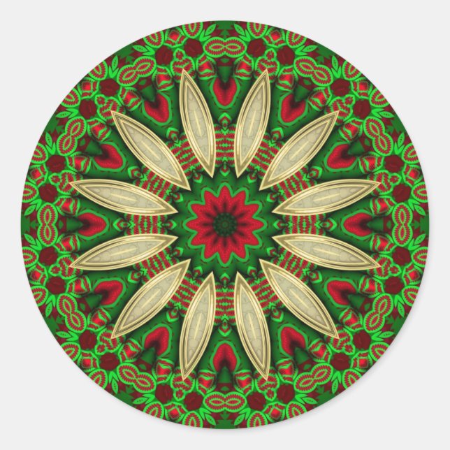 Sticker Rond Festif Vacances Vert Rouge Or géométrique Mandala (Devant)