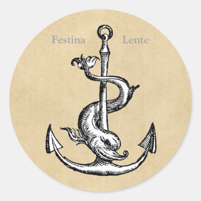 Sticker Rond Festina Lente Ancre et dauphin (Devant)