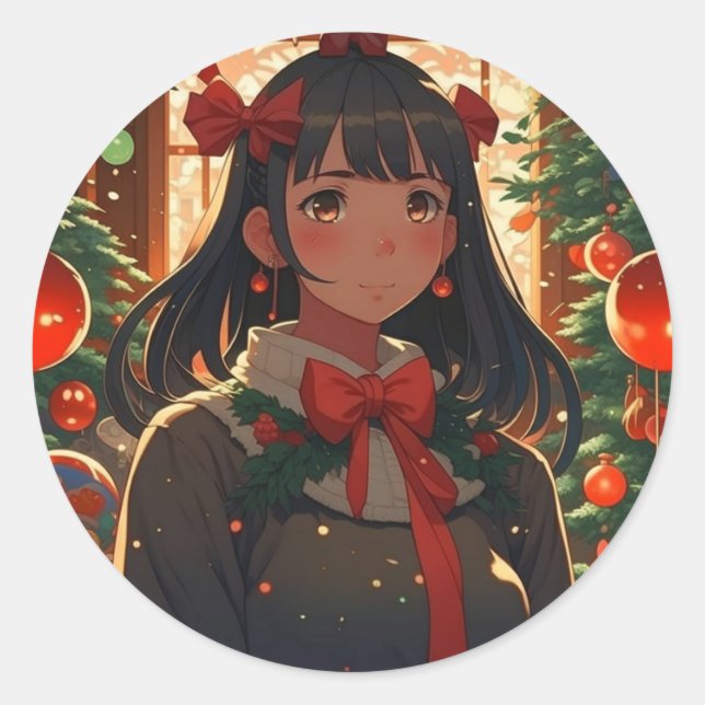 Sticker Rond Festive Anime Girl sur la nuit de Noël (Devant)