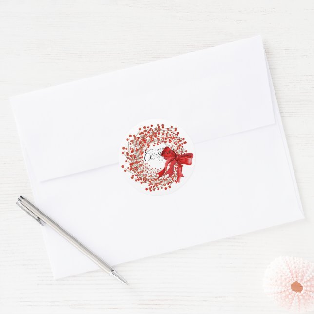 Sticker Rond Festive Classic Red Berry Wreath Merry Christmas  (Enveloppe)