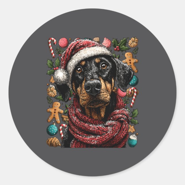 Sticker Rond Festive Doberman With Santa Hat Snowy Winter Chris (Devant)