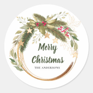 Sticker Rond Festive Fête de Noël Végétation Nom de famille