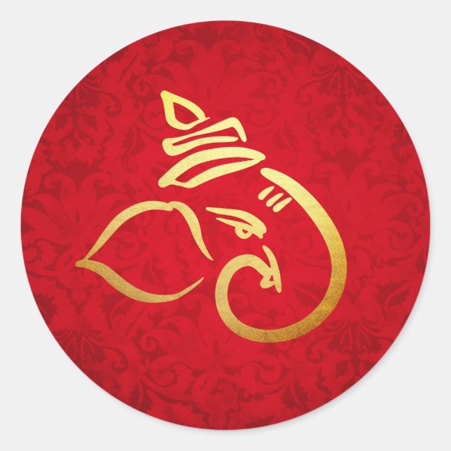 Sticker Rond Festive Ganesh | Ganpatio | Inde Dieu Damask Rouge (Devant)