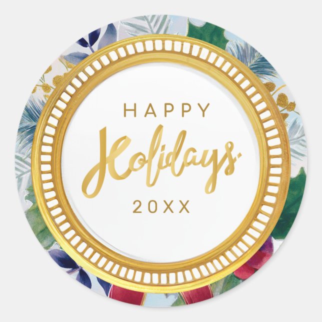 Sticker Rond Festive Happy Holiday Botanical Gold Sparkle (Devant)