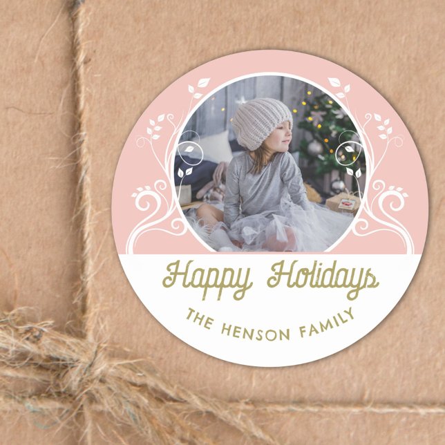Sticker Rond Festive Joyeux Foliage Rose Famille Photo (Créateur téléchargé)