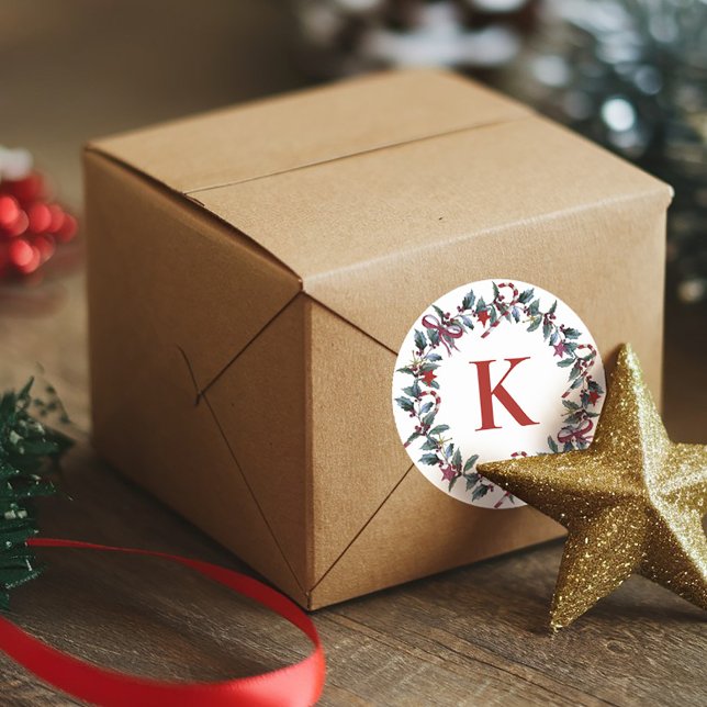 Sticker Rond Festive Monogramme de Noël Wreath Green (Créateur téléchargé)