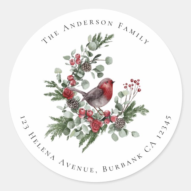 Sticker Rond Festive Robin Noël Floral Adresse de retour (Devant)