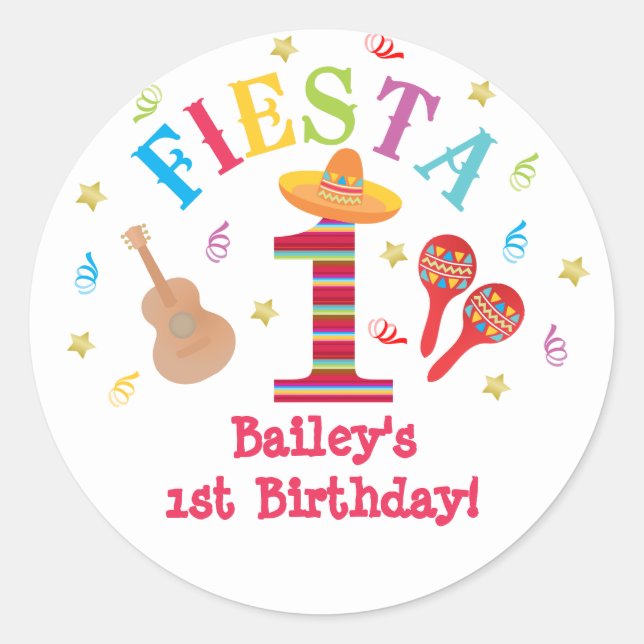 Sticker Rond Fête 1er anniversaire Mexicaine Sombrero Maracas (Devant)