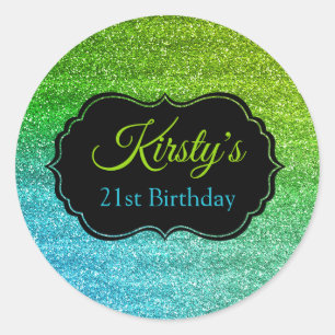 Sticker Rond Fête Anniversaire Fun Paillettes Vert Bleu