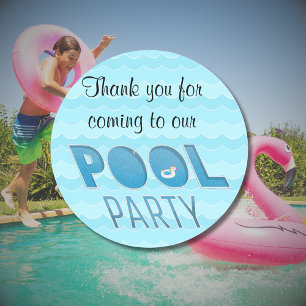 Sticker Rond Fête au bord de la piscine Merci avec licorne flot