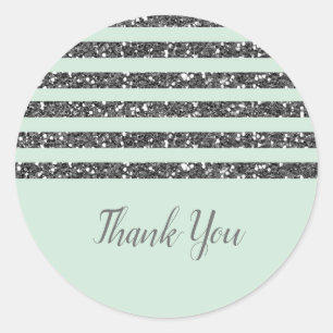 Sticker Rond Fête aux rayures vert menthe et paillettes argenté
